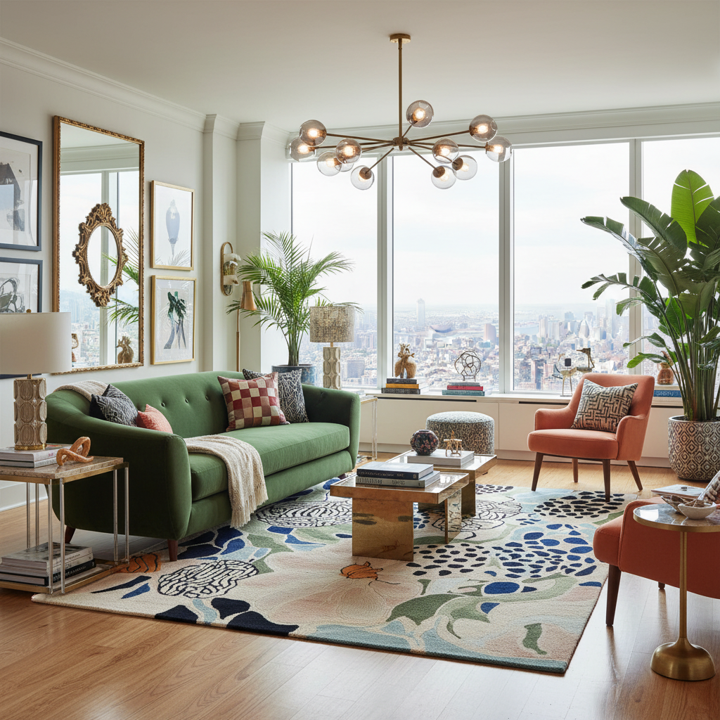 Modern living room with green sofa, colorful rug, and large windows.