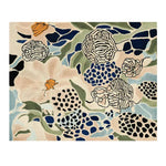 Top view of the Floral Matrix Dream Hand Tufted Area Rug, featuring a vibrant abstract design with large floral patterns in shades of blue, green, and beige. This contemporary wool rug is perfect for large living room spaces, adding a touch of elegance and modern flair.