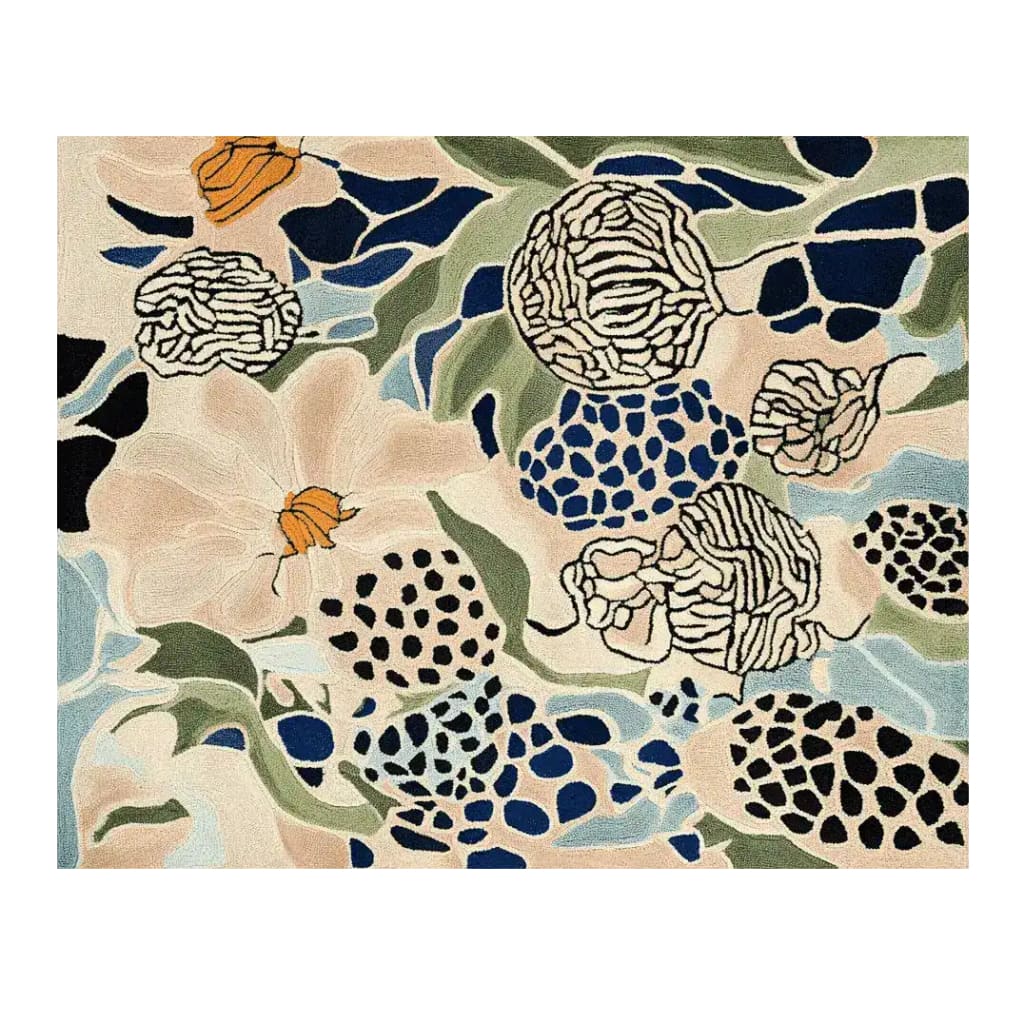 Top view of the Floral Matrix Dream Hand Tufted Area Rug, featuring a vibrant abstract design with large floral patterns in shades of blue, green, and beige. This contemporary wool rug is perfect for large living room spaces, adding a touch of elegance and modern flair.