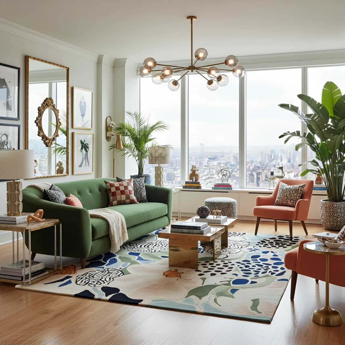 Modern living room with green sofa, colorful rug, and large windows.