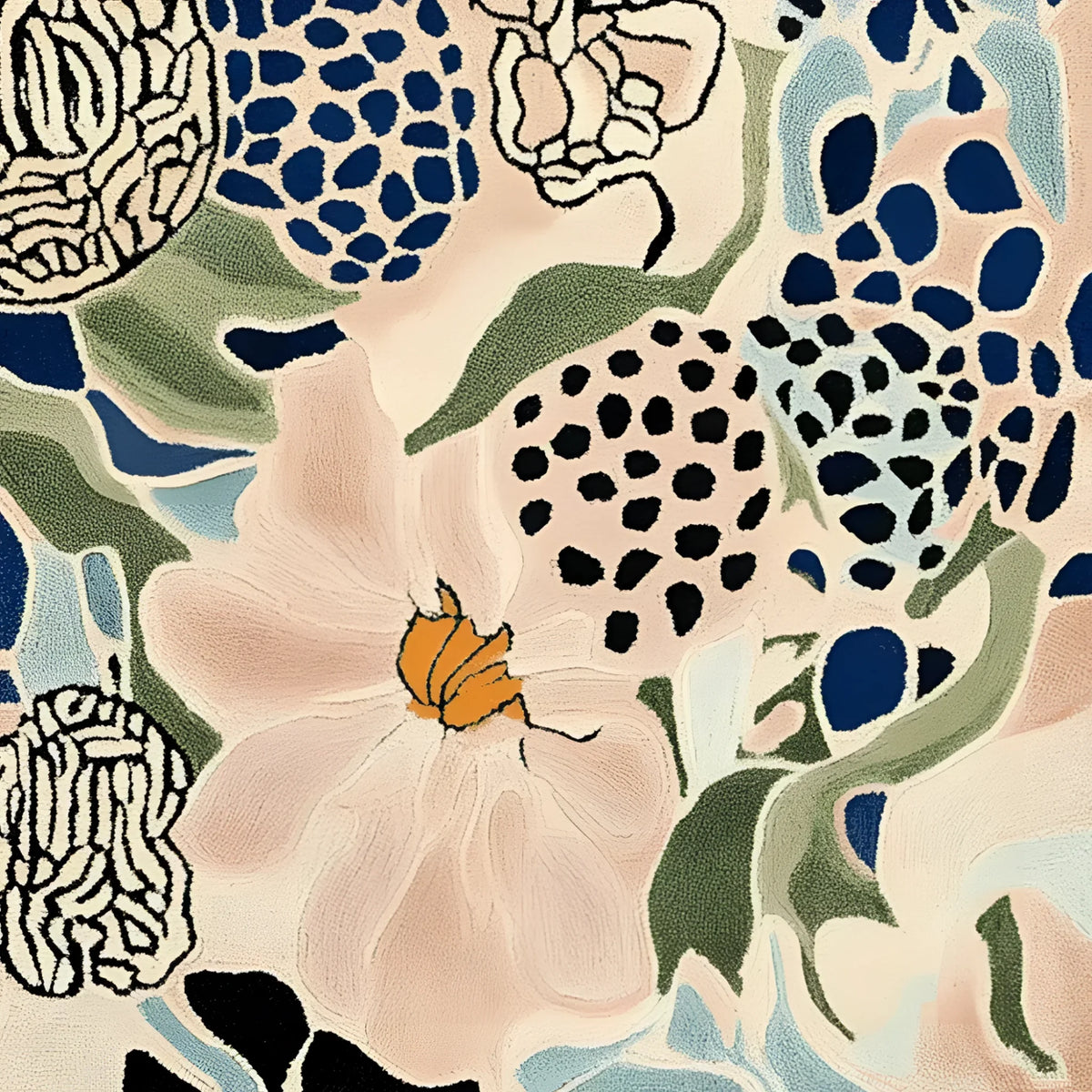 A detailed view of the Floral Matrix Dream Hand Tufted Rug, showcasing its vibrant abstract floral patterns in shades of blue, green, and peach. This contemporary wool area rug is perfect for large living room spaces, adding an artistic touch to any interior.