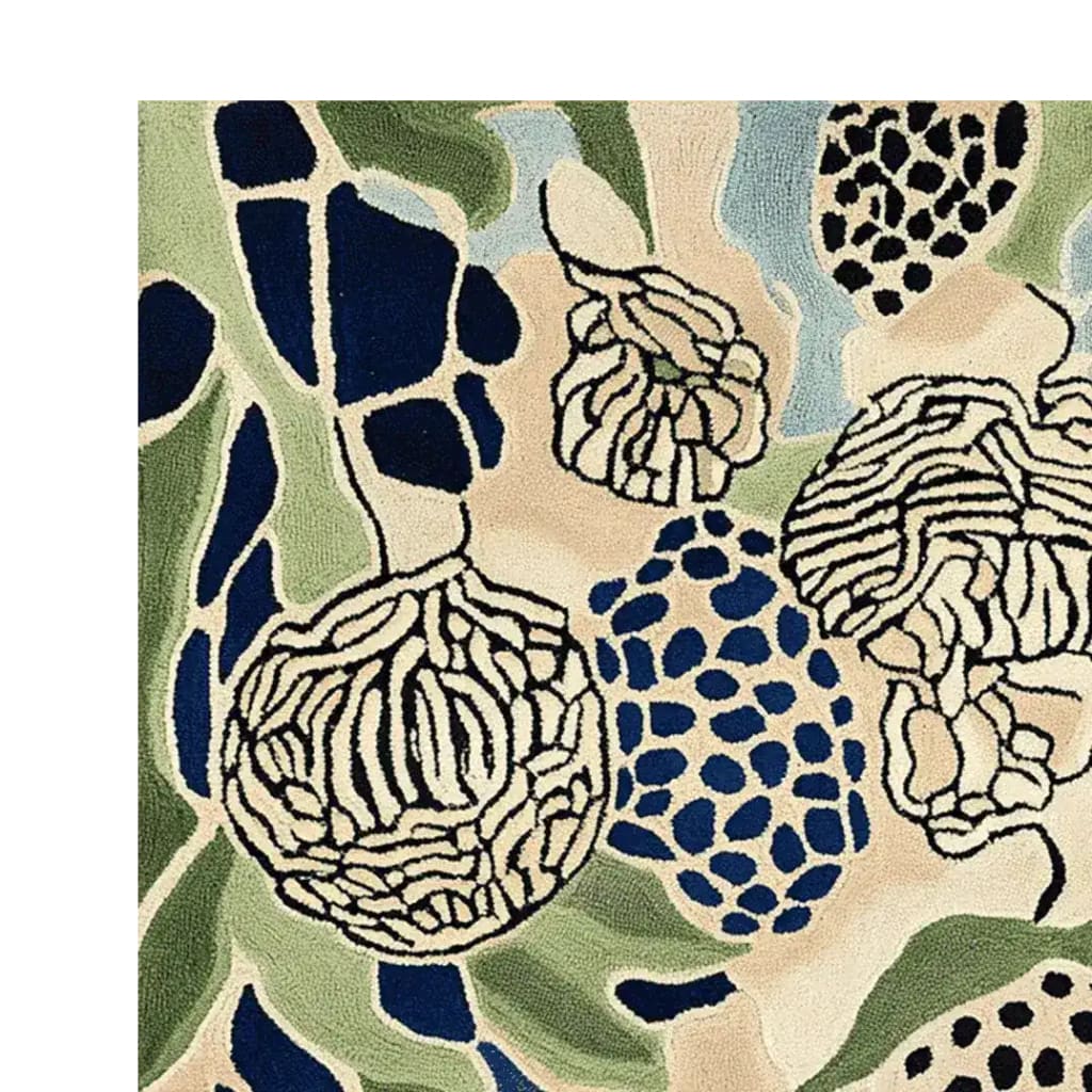 Close-up view of the Floral Matrix Dream Hand Tufted Rug, showcasing a vibrant abstract design with botanical elements. This wool area rug features a blend of green, blue, and beige hues, ideal for large living room spaces. Perfect as a contemporary living room area rug.
