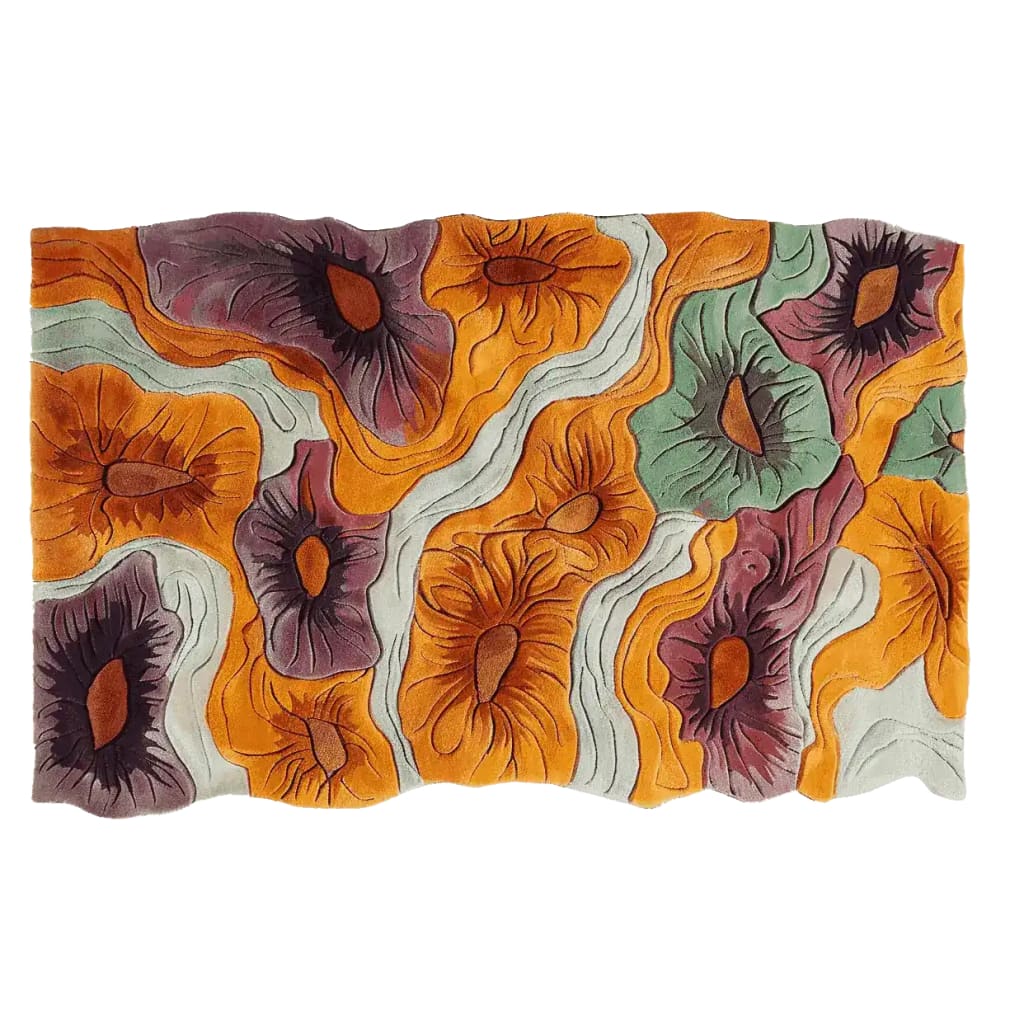 Vibrant Floral Mirage Motion Hand Tufted Area Rug with abstract flower patterns in rich orange, purple, and green hues. Ideal for large living room spaces, this contemporary wool rug measures 8x10, adding a touch of elegance and warmth.