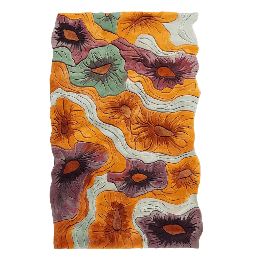 Experience the vibrant elegance of the Floral Mirage Motion Hand Tufted Rug, perfect for a large living room. This contemporary rug, expertly crafted from wool, features bold, abstract floral patterns in rich hues of orange, green, and purple. Ideal as an 8x10 area rug, it adds a modern touch to any home decor.