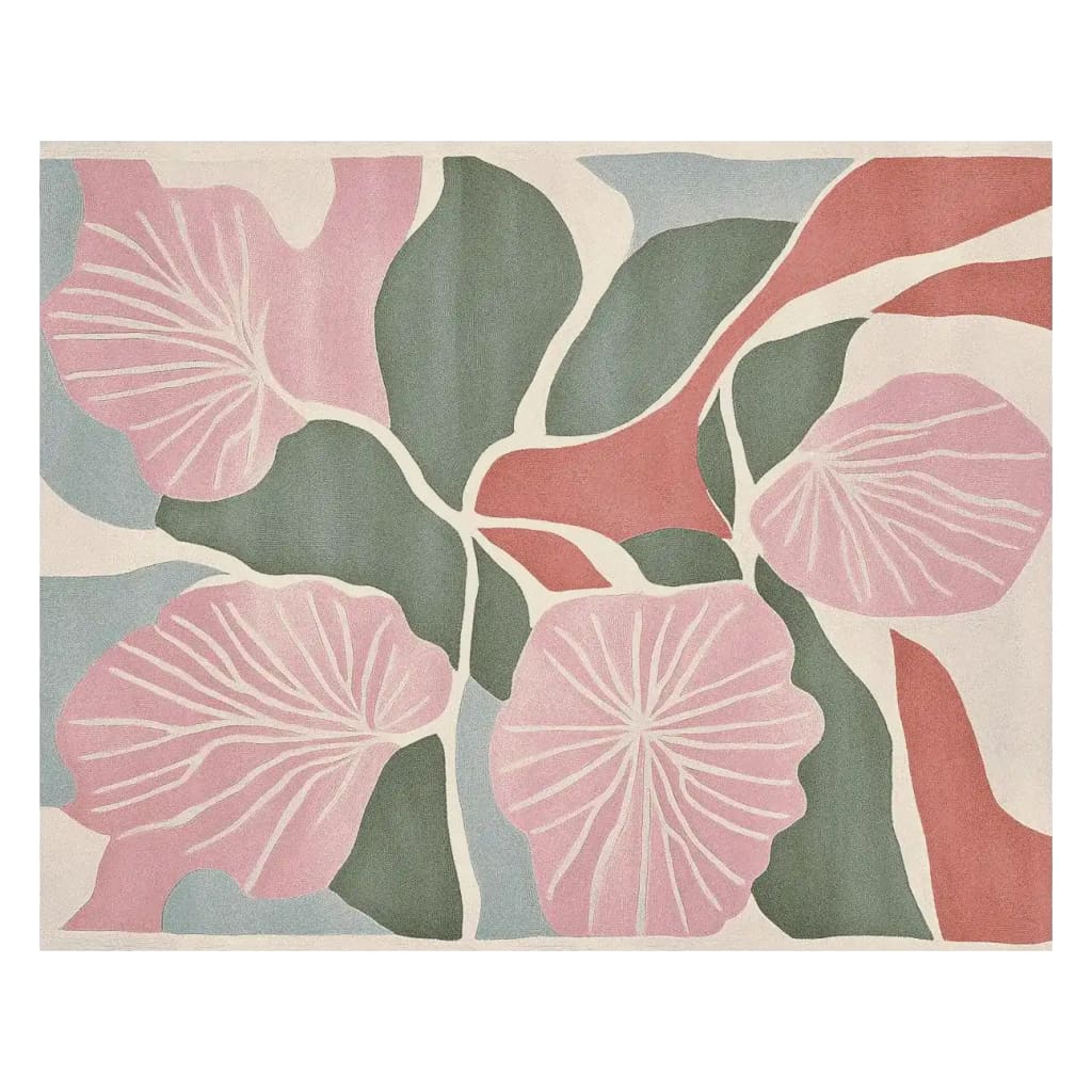 A vibrant hand-tufted area rug featuring an abstract floral design with pink, green, and coral hues. Ideal for adding a contemporary touch to any living room, this wool rug is perfect for those seeking stylish living room rugs in an 8x10 size.