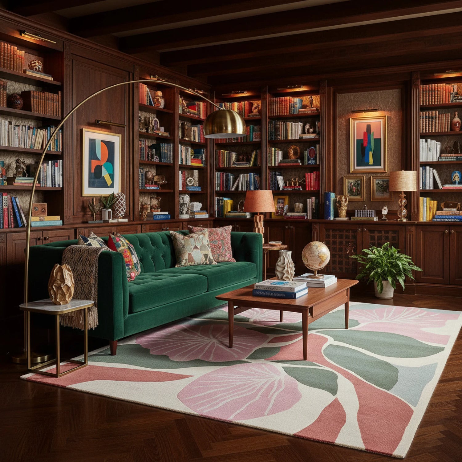 Cozy living room with a green sofa, a contemporary floral wool rug, bookshelves, and decorative elements.