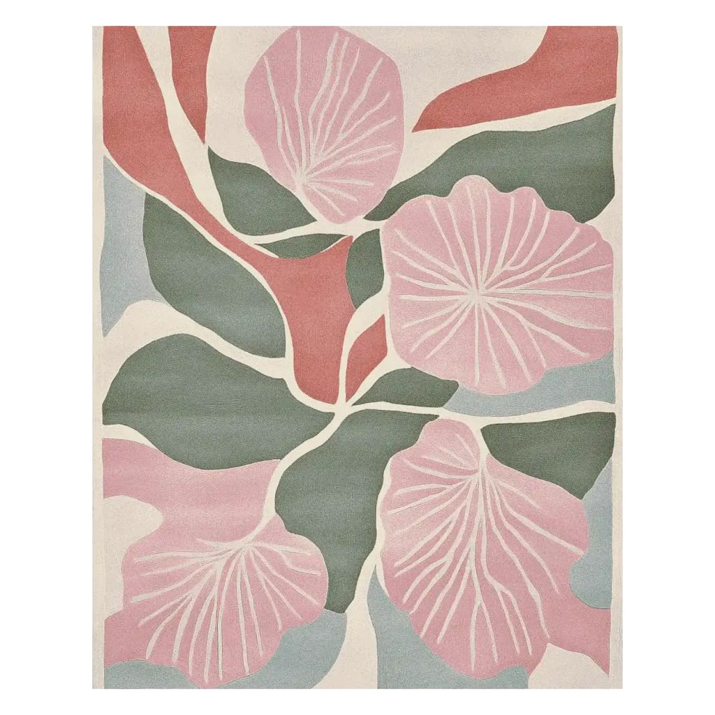 A vibrant hand-tufted area rug featuring a floral mood collage design. This contemporary wool rug, perfect for an 8x10 living room setting, showcases abstract pink flowers and green leaves on a cream background. Ideal for adding a touch of modern elegance to your living space.