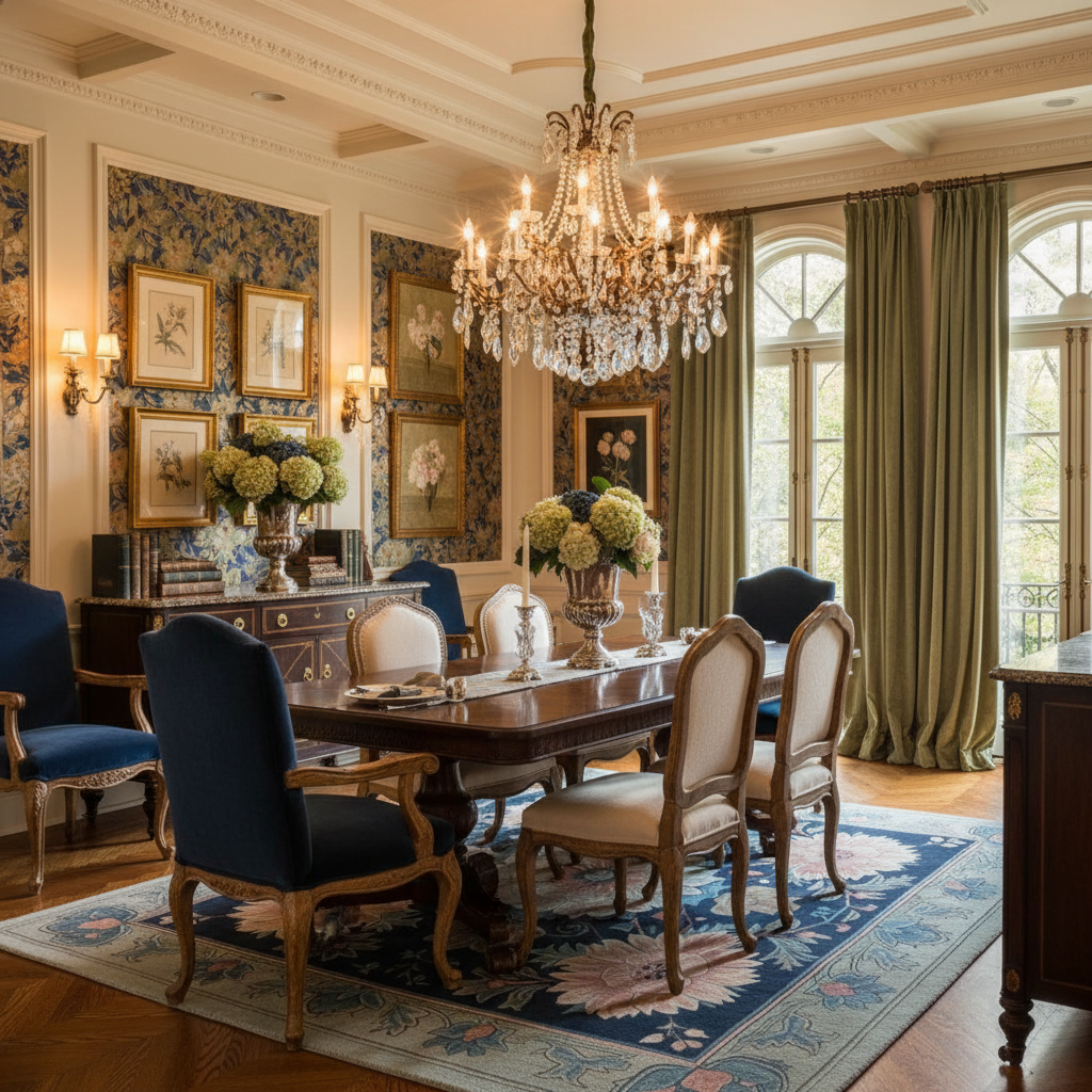 Dining room with a large table, chairs, a floral hand-tufted wool rug, and a chandelier.