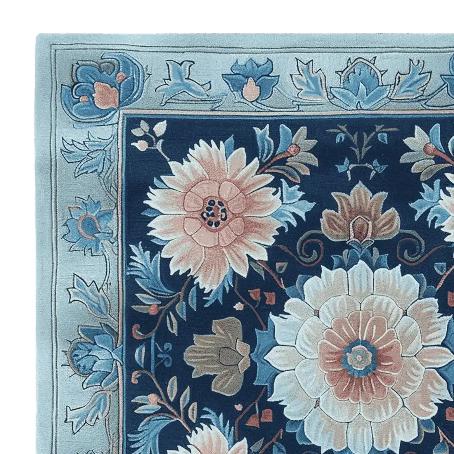 Close-up view of a Floral Mosaic Story Hand Tufted Rug, featuring intricate floral designs in soft blue and beige tones. This wool square area rug is perfect for adding elegance to living room spaces, offering a touch of sophistication and comfort.