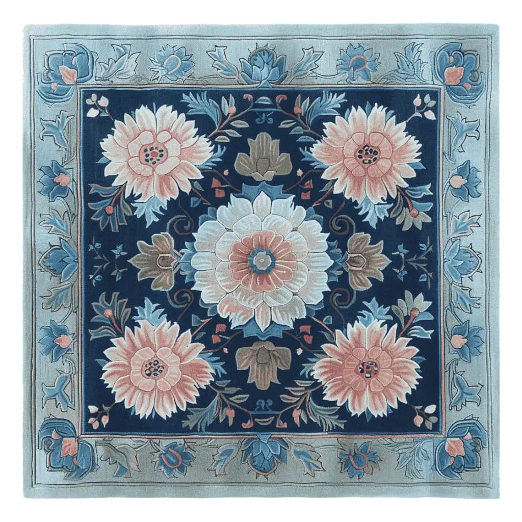 A beautifully crafted floral mosaic hand-tufted square area rug, perfect for enhancing living room decor. This wool rug features intricate floral patterns in soft blues and pinks, ideal for adding a touch of elegance to any space.
