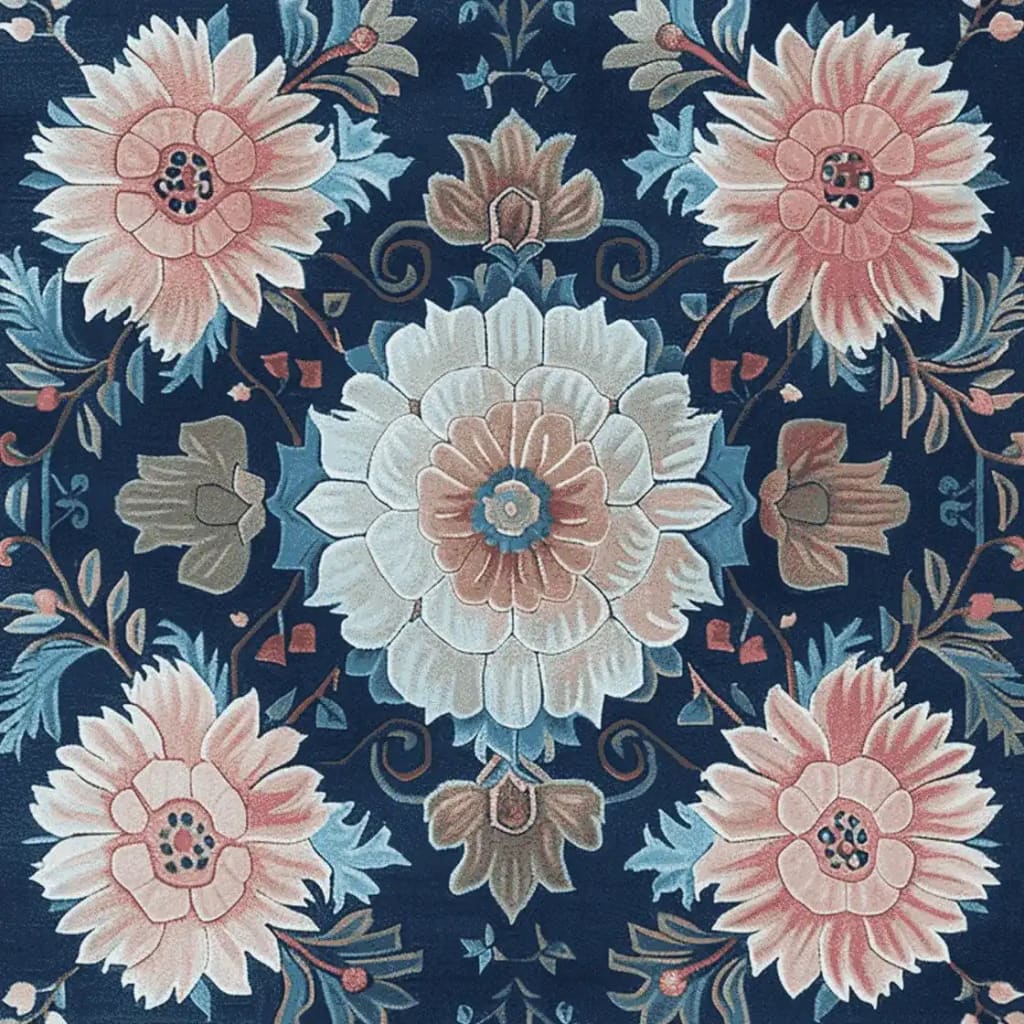 A beautifully detailed hand-tufted wool area rug featuring a striking floral mosaic pattern. This square rug showcases large blooming flowers in soft pinks and blues against a deep navy background, making it an ideal choice for living room area rugs. The intricate design adds a touch of elegance and warmth to any space.
