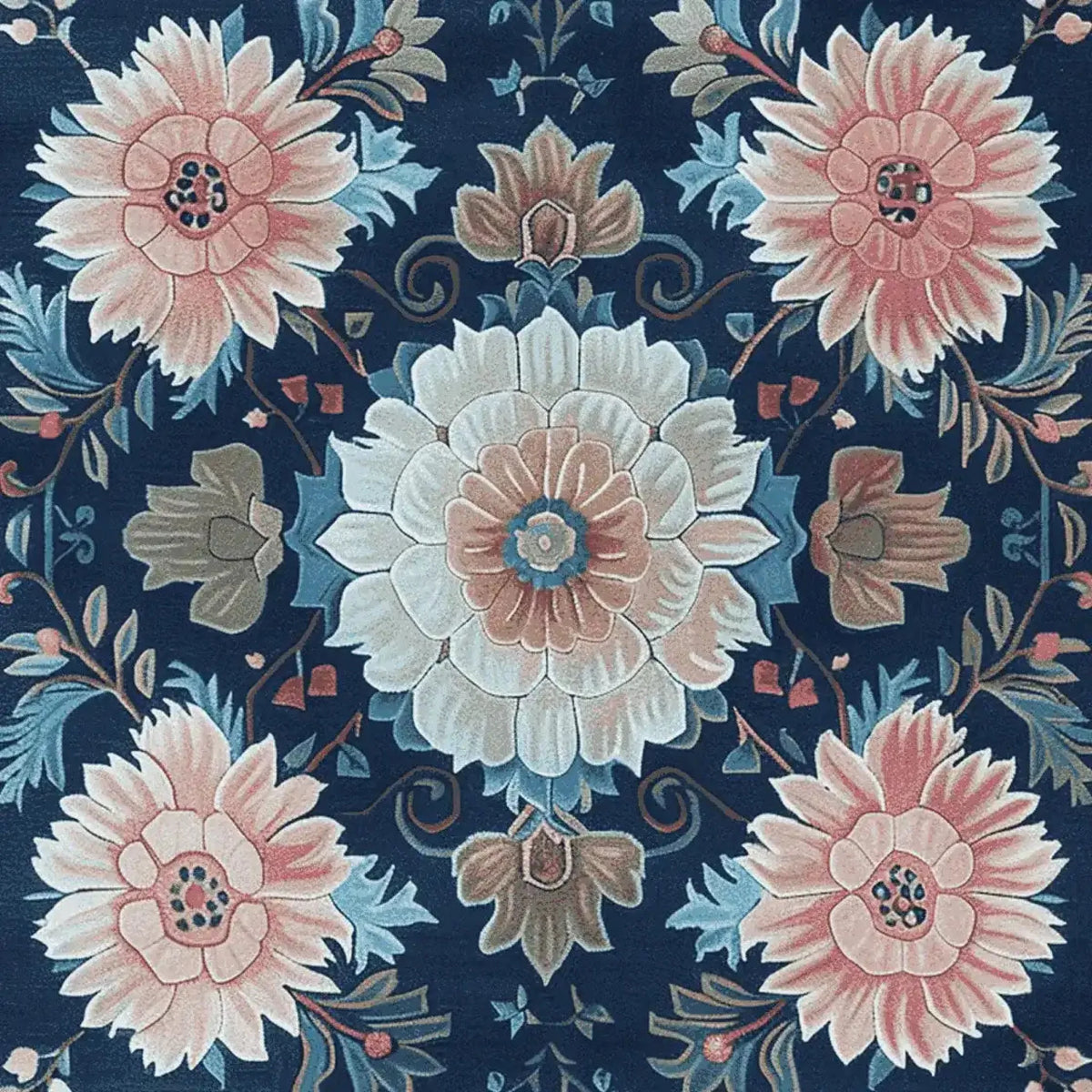 A beautifully detailed hand-tufted wool area rug featuring a striking floral mosaic pattern. This square rug showcases large blooming flowers in soft pinks and blues against a deep navy background, making it an ideal choice for living room area rugs. The intricate design adds a touch of elegance and warmth to any space.