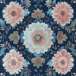 A beautifully detailed hand-tufted wool area rug featuring a striking floral mosaic pattern. This square rug showcases large blooming flowers in soft pinks and blues against a deep navy background, making it an ideal choice for living room area rugs. The intricate design adds a touch of elegance and warmth to any space.
