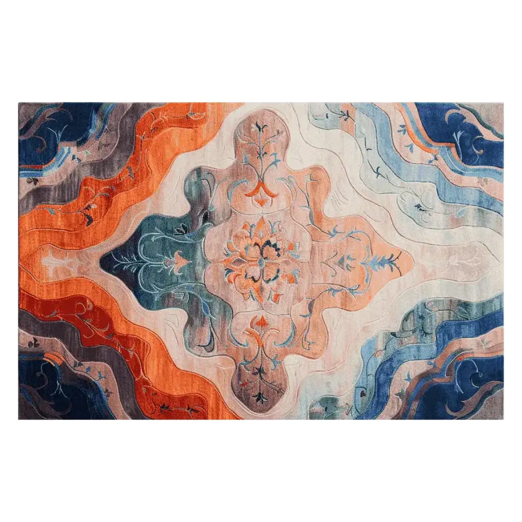Beautiful hand-tufted area rug featuring an intricate floral design with vibrant hues of orange, blue, and cream. Perfect for large living rooms, this 8x10 wool rug adds a touch of elegance and warmth to any space.