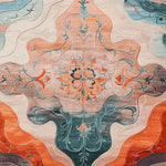 The image showcases a beautifully intricate Floral Muse Reverie Hand Tufted Area Rug, perfect for large living rooms. This 8x10 wool rug features a mesmerizing floral pattern with vibrant shades of orange, teal, and beige. Ideal for adding elegance and warmth to any living space.