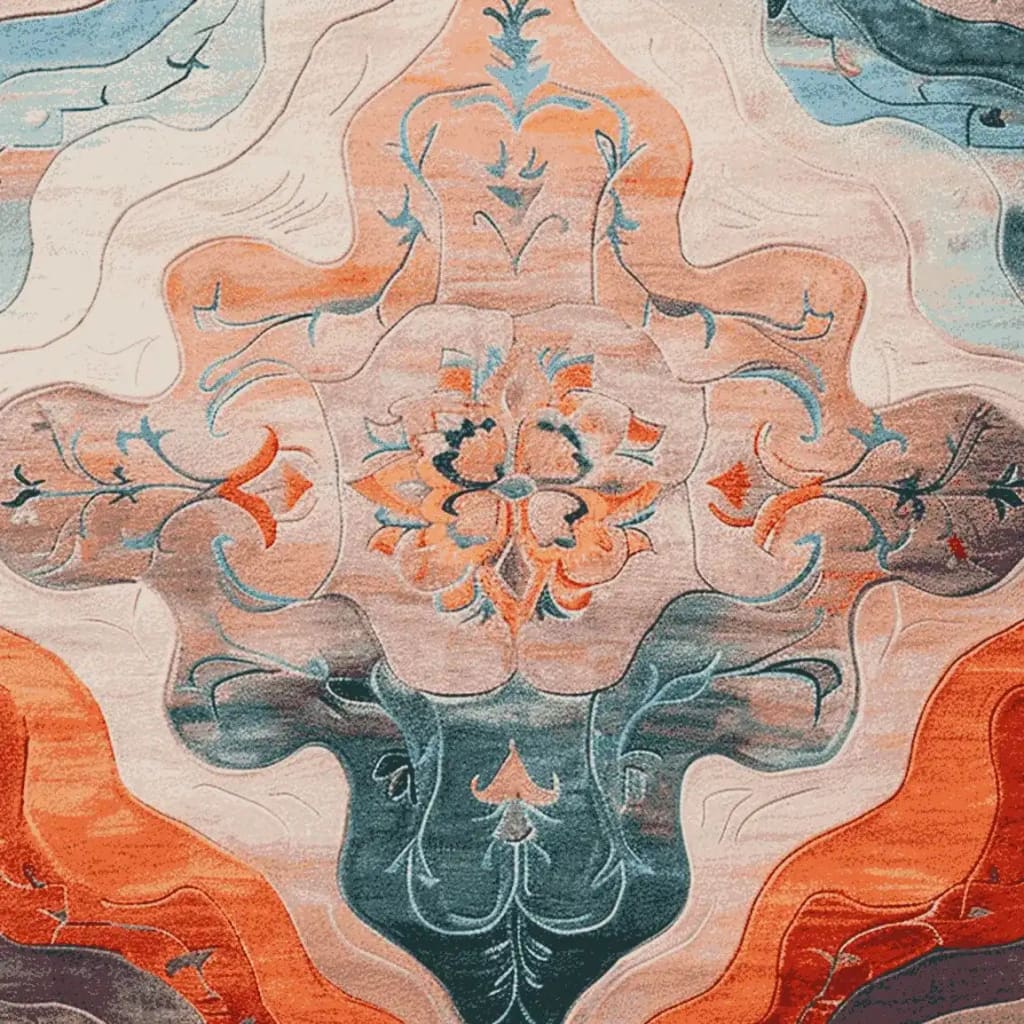 The image showcases a beautifully intricate Floral Muse Reverie Hand Tufted Area Rug, perfect for large living rooms. This 8x10 wool rug features a mesmerizing floral pattern with vibrant shades of orange, teal, and beige. Ideal for adding elegance and warmth to any living space.