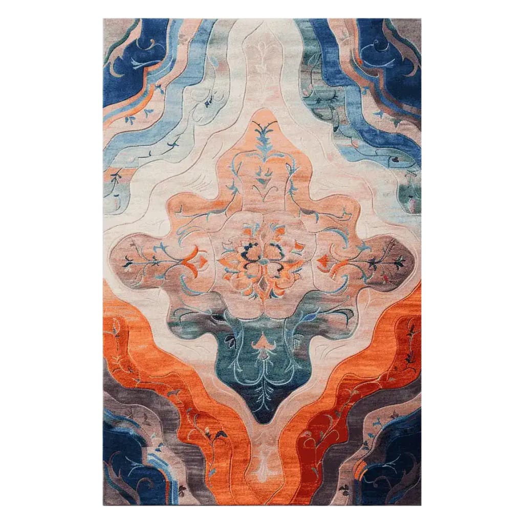 Top view of the Floral Muse Reverie Hand Tufted Area Rug, featuring a vibrant and intricate floral pattern in rich hues of orange, blue, and cream. Ideal for adding a touch of elegance to large living rooms, this 8x10 wool rug showcases a unique design that embodies the beauty of nature, making it a perfect choice for those seeking stylish floral rugs.