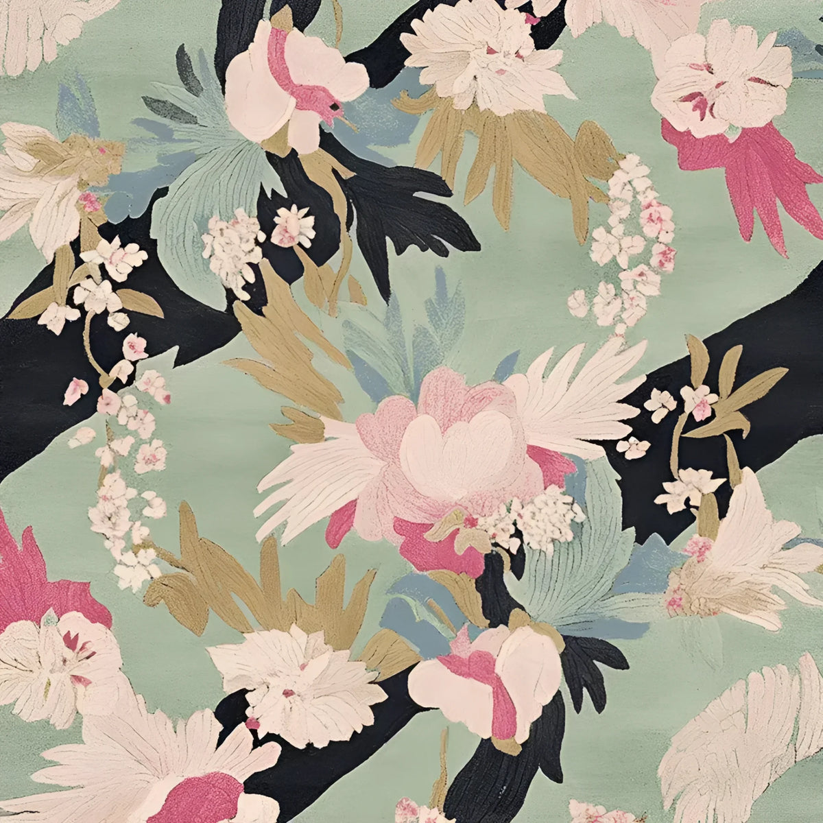 A beautifully designed area rug showcasing a floral pattern with vibrant pink, white, and green hues. This wool rug is perfect for adding a touch of elegance to your living room area, combining both style and comfort in one piece.