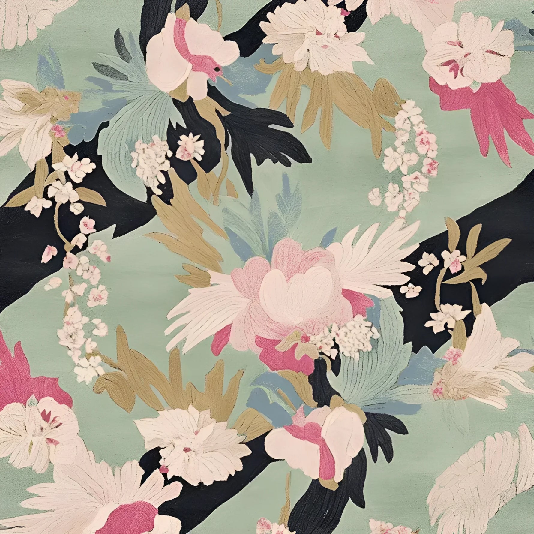 A beautifully designed area rug showcasing a floral pattern with vibrant pink, white, and green hues. This wool rug is perfect for adding a touch of elegance to your living room area, combining both style and comfort in one piece.