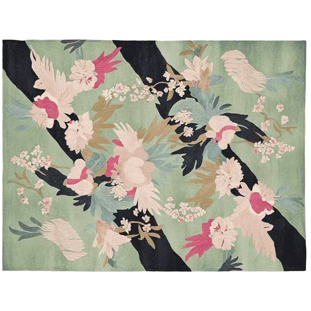 Beautiful hand-tufted floral area rug with a lush green background and vibrant pink and cream flowers. Perfect for adding elegance to living room area rugs collections, this wool rug showcases an intricate pattern that blends nature and style.