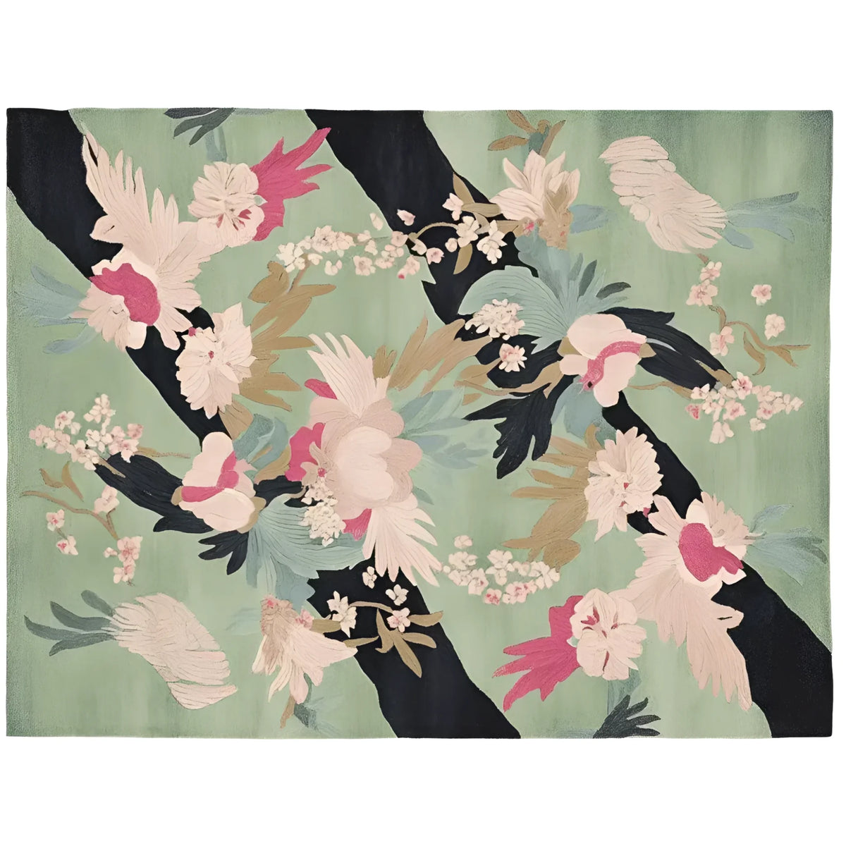 Beautiful hand-tufted floral area rug with a lush green background and vibrant pink and cream flowers. Perfect for adding elegance to living room area rugs collections, this wool rug showcases an intricate pattern that blends nature and style.