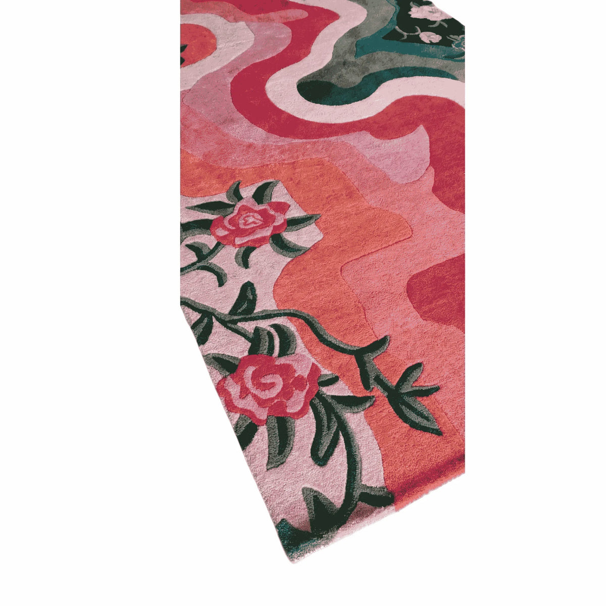 Floral patterned fabric with pink roses and green leaves on a  white background