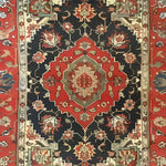 This image showcases a beautifully intricate Floral Renaissance Hand Knotted Area Rug, perfect for adding a vintage touch to large living rooms. The Persian rug features a rich red and navy color palette with detailed floral patterns, embodying the elegance of traditional living room area rugs.