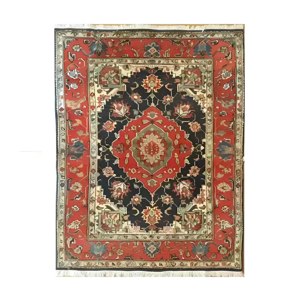 Beautiful Floral Renaissance Hand Knotted Area Rug showcasing an intricate vintage design. The large Persian rug features a vibrant blend of red, black, and ivory colors, perfect for enhancing any living room space with a touch of classic elegance.
