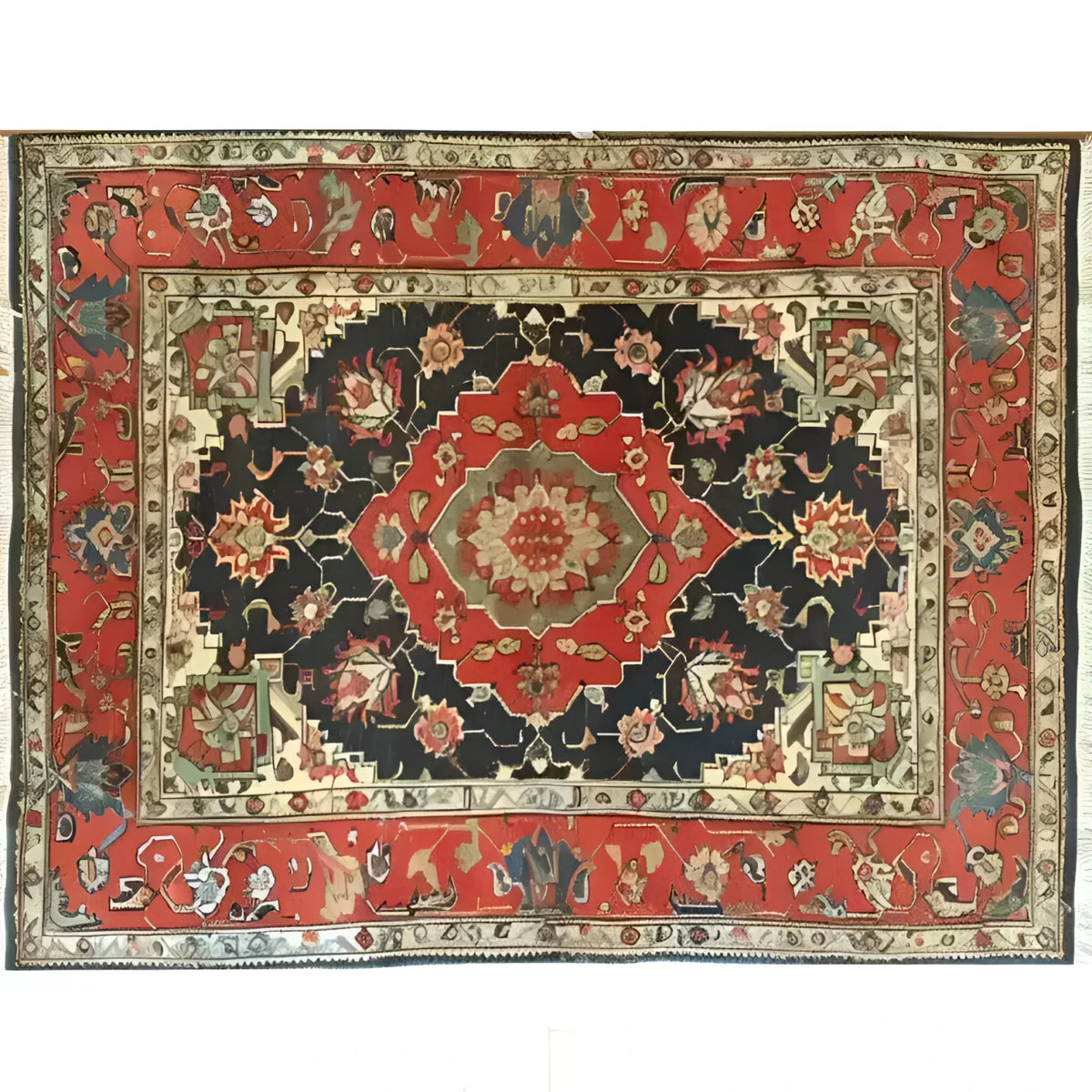 A beautifully detailed Floral Renaissance Hand Knotted Area Rug, featuring a vibrant mix of red, black, and cream colors with intricate floral patterns. This vintage rug is perfect for adding a classic touch to large living rooms, reminiscent of traditional Persian rugs. Ideal for anyone seeking elegant living room area rugs with a floral design.