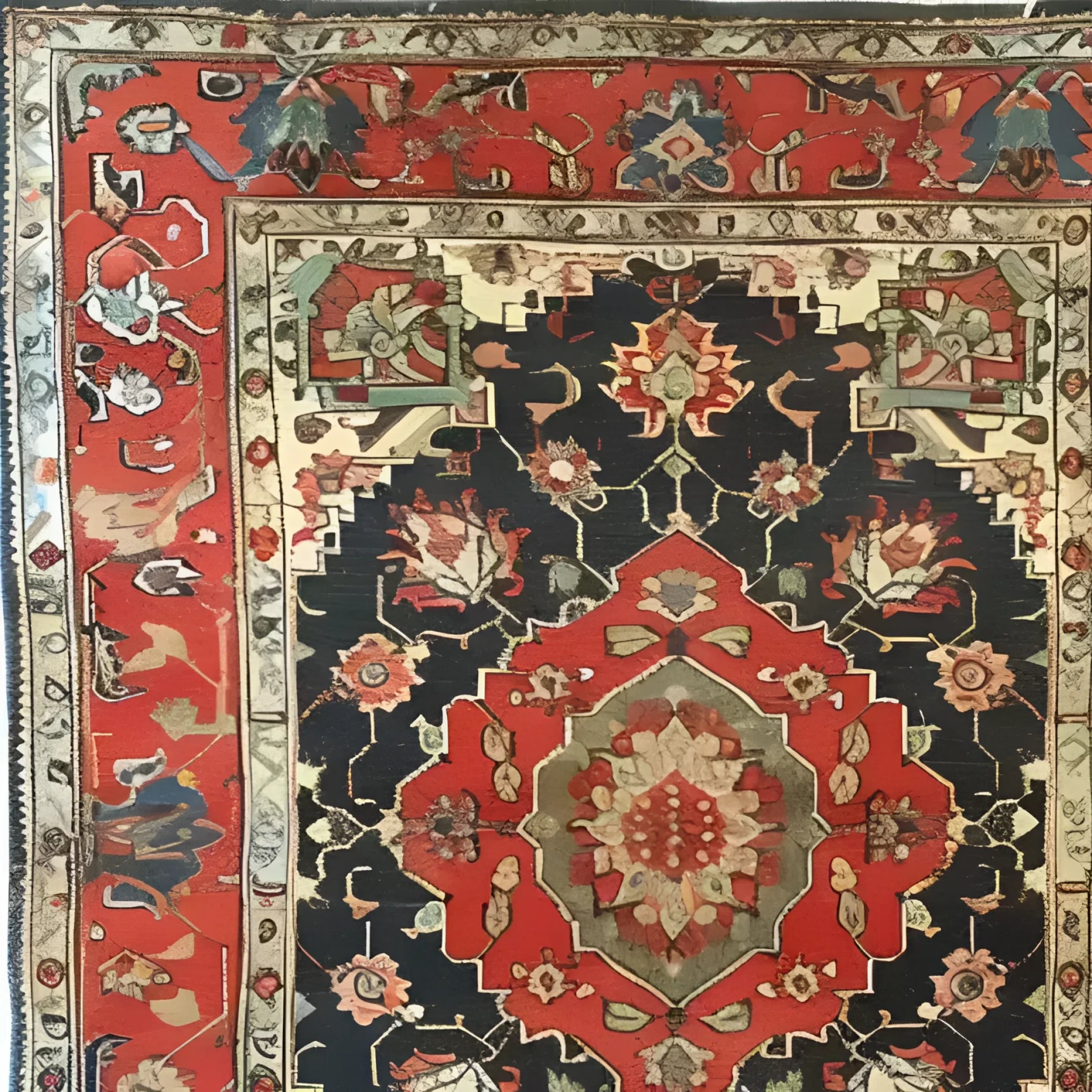 Floral Renaissance Hand Knotted Area Rug showcasing a vibrant vintage design with intricate floral patterns in red and black, ideal for large living room spaces. This Persian-inspired rug adds a touch of elegance to any home, highlighting the beauty of floral rugs in a traditional style.