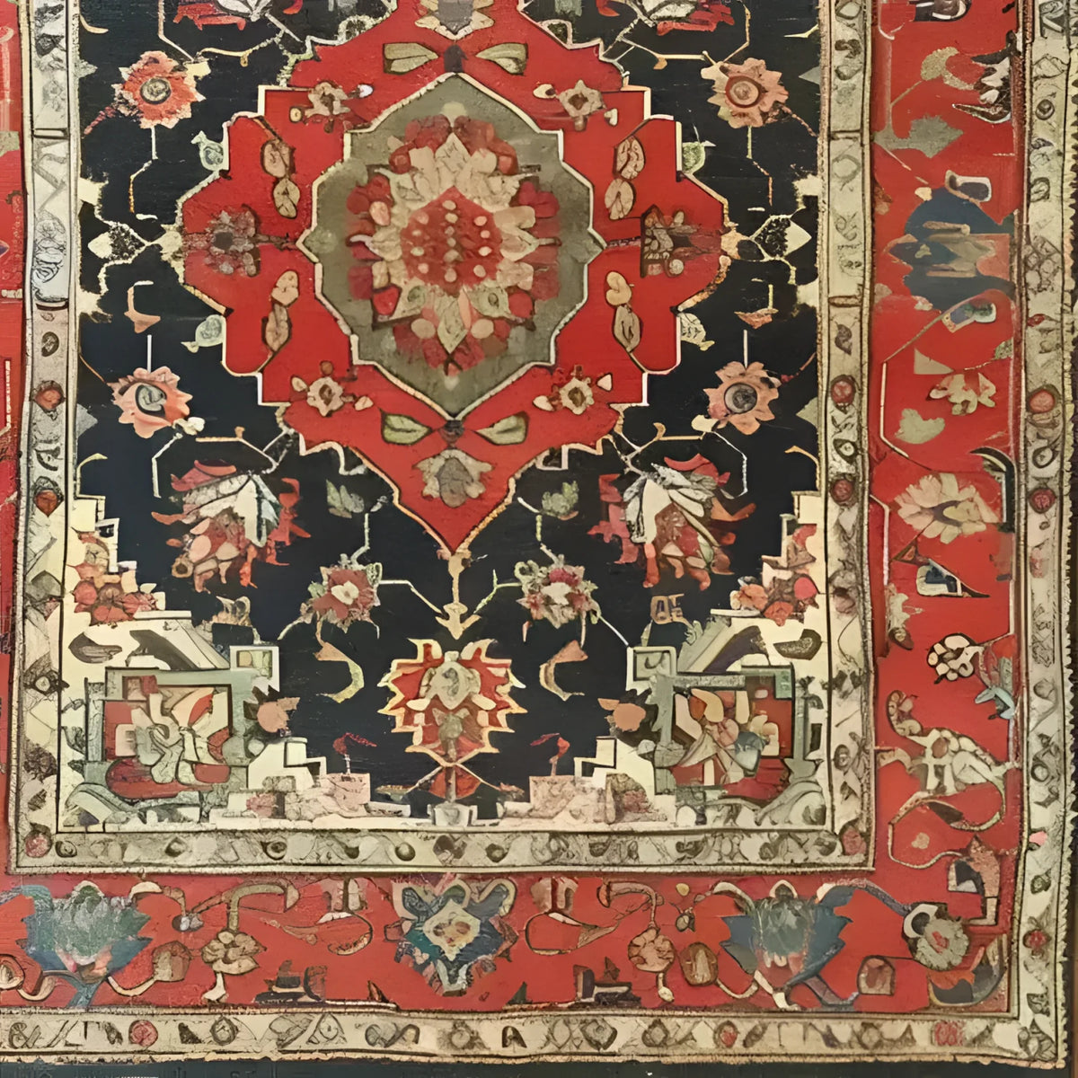 This image showcases a stunning Floral Renaissance Hand Knotted Area Rug, perfect for large living rooms. The vintage rug features intricate Persian-inspired patterns with a rich blend of red, black, and beige tones, making it an elegant addition to any living room area. The floral rug design adds a touch of classic charm and sophistication, capturing the essence of traditional Persian rugs.