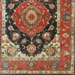 This image showcases a stunning Floral Renaissance Hand Knotted Area Rug, perfect for large living rooms. The vintage rug features intricate Persian-inspired patterns with a rich blend of red, black, and beige tones, making it an elegant addition to any living room area. The floral rug design adds a touch of classic charm and sophistication, capturing the essence of traditional Persian rugs.