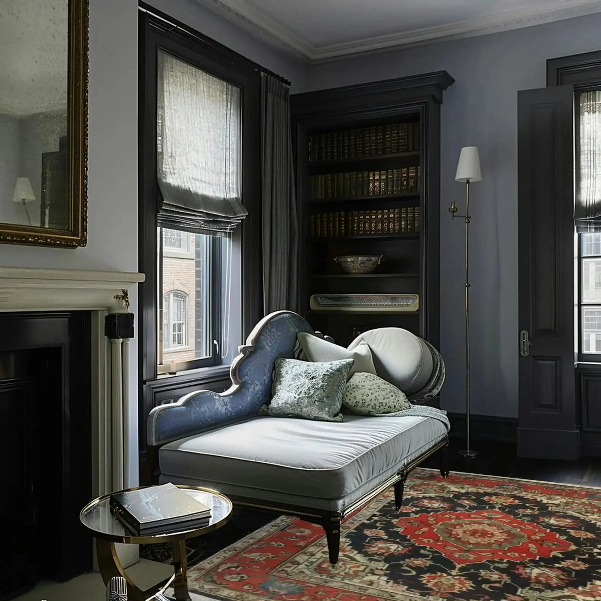 Cozy living room with a chaise lounge, bookshelf, and decorative red persian rug.