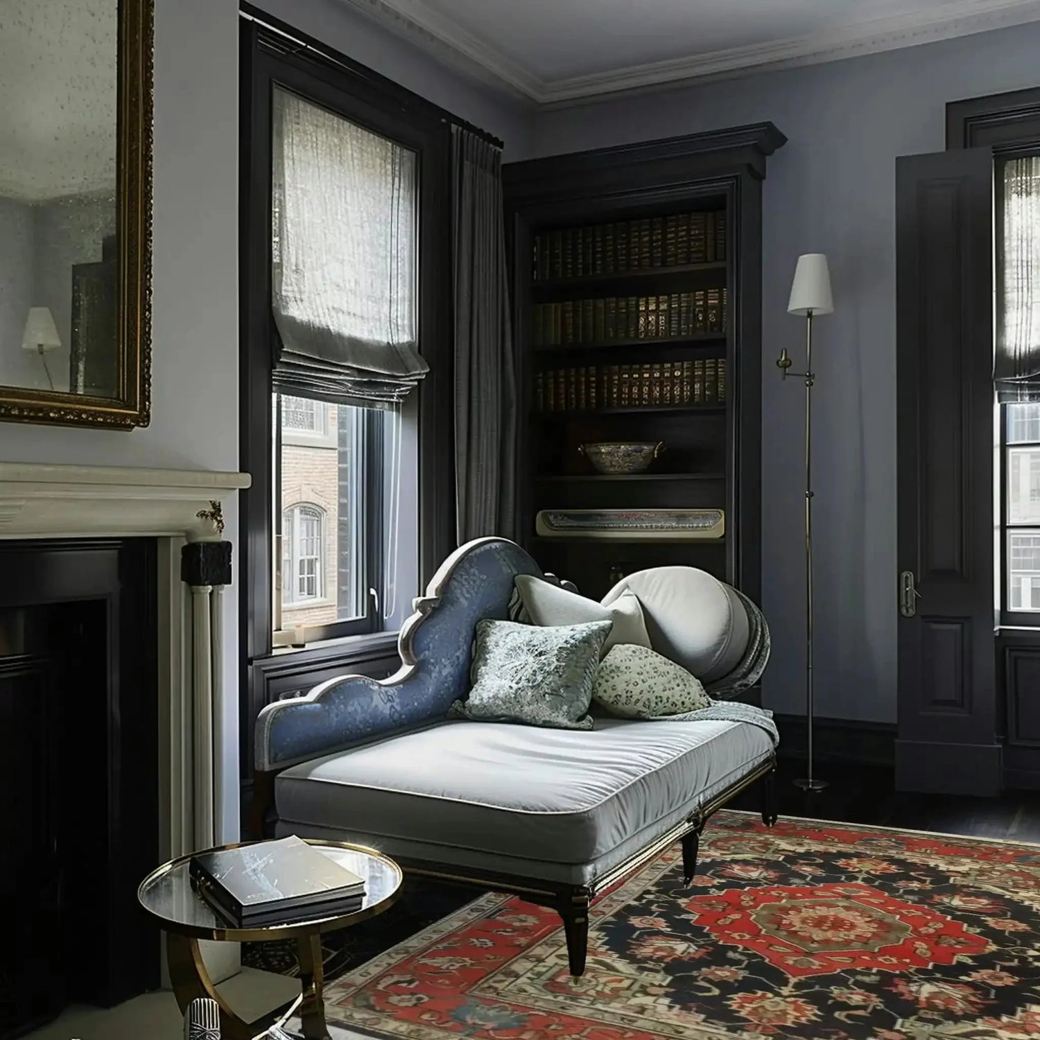 Cozy living room with a chaise lounge, bookshelf, and decorative red persian rug.