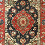 This image showcases a beautifully intricate Floral Renaissance Hand Knotted Area Rug, perfect for adding a vintage touch to large living rooms. The Persian rug features a rich red and navy color palette with detailed floral patterns, embodying the elegance of traditional living room area rugs.