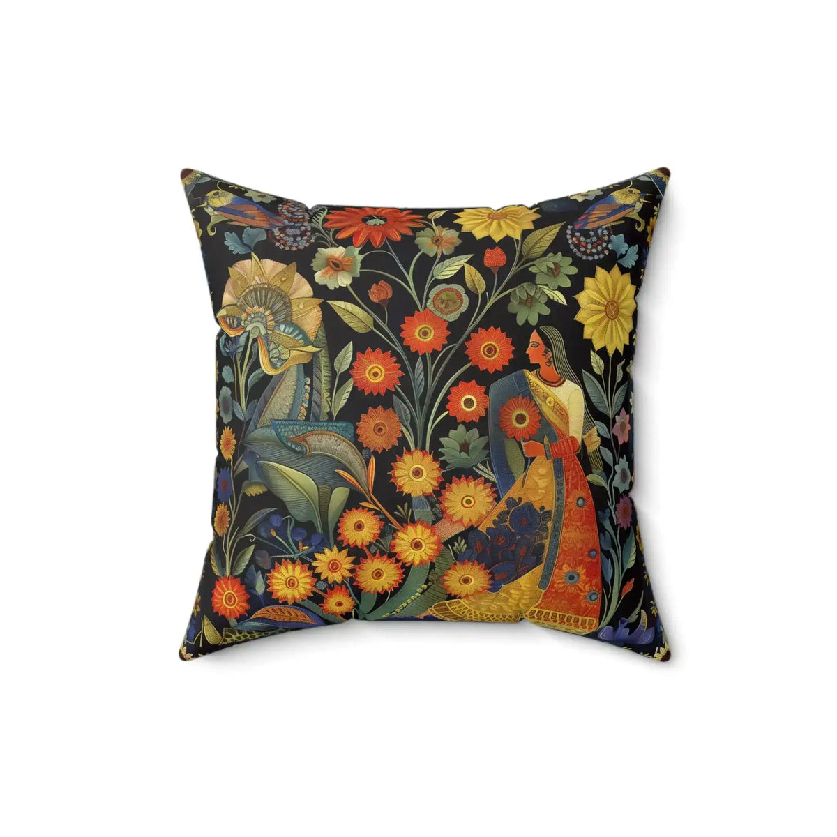 Floral Reverie Garden Goddess Throw Pillow angled view, dark background with colorful folk-art garden figures and sunflowers
