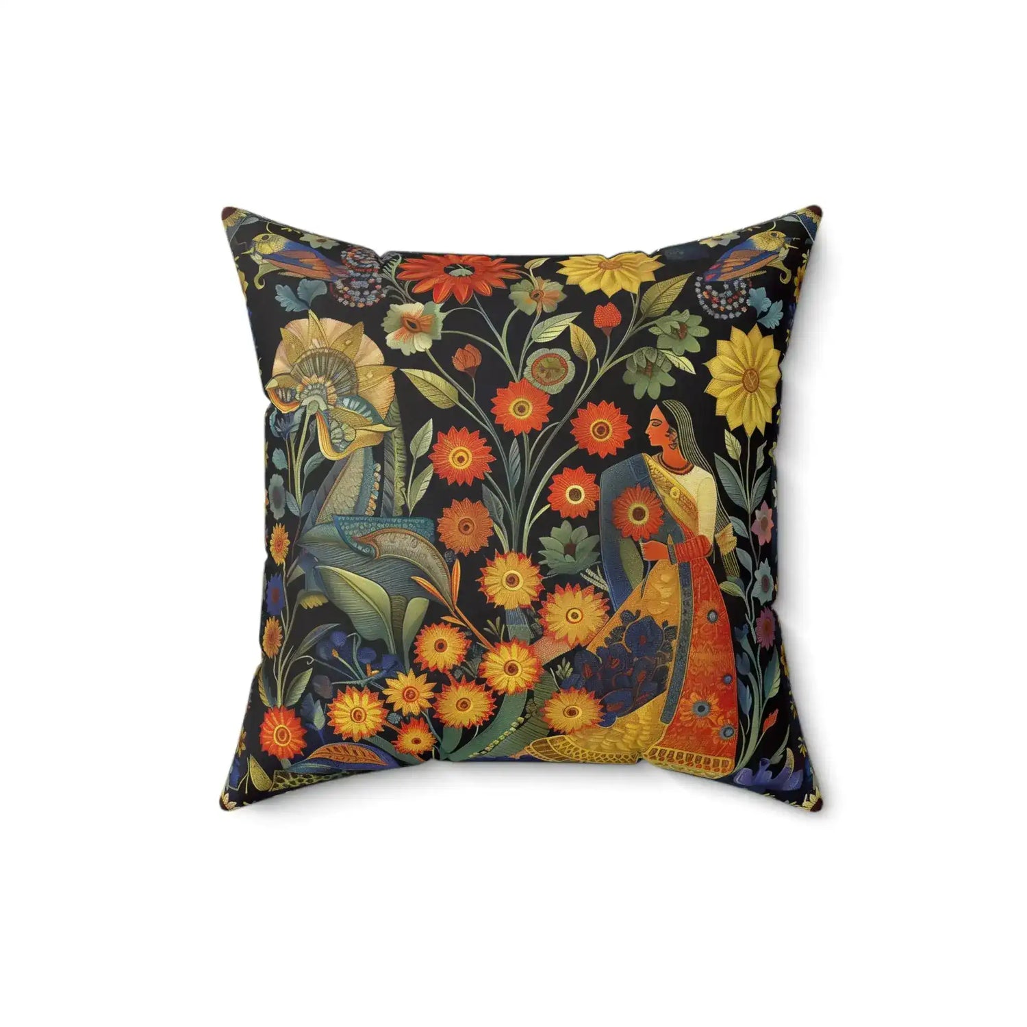 Floral Reverie Garden Goddess Throw Pillow angled view, dark background with colorful folk-art garden figures and sunflowers