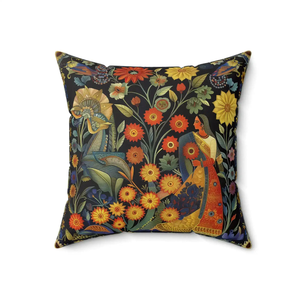 Floral Reverie Garden Goddess Throw Pillow large view showing sari-clad figure with orange sunflowers and blue creature on black