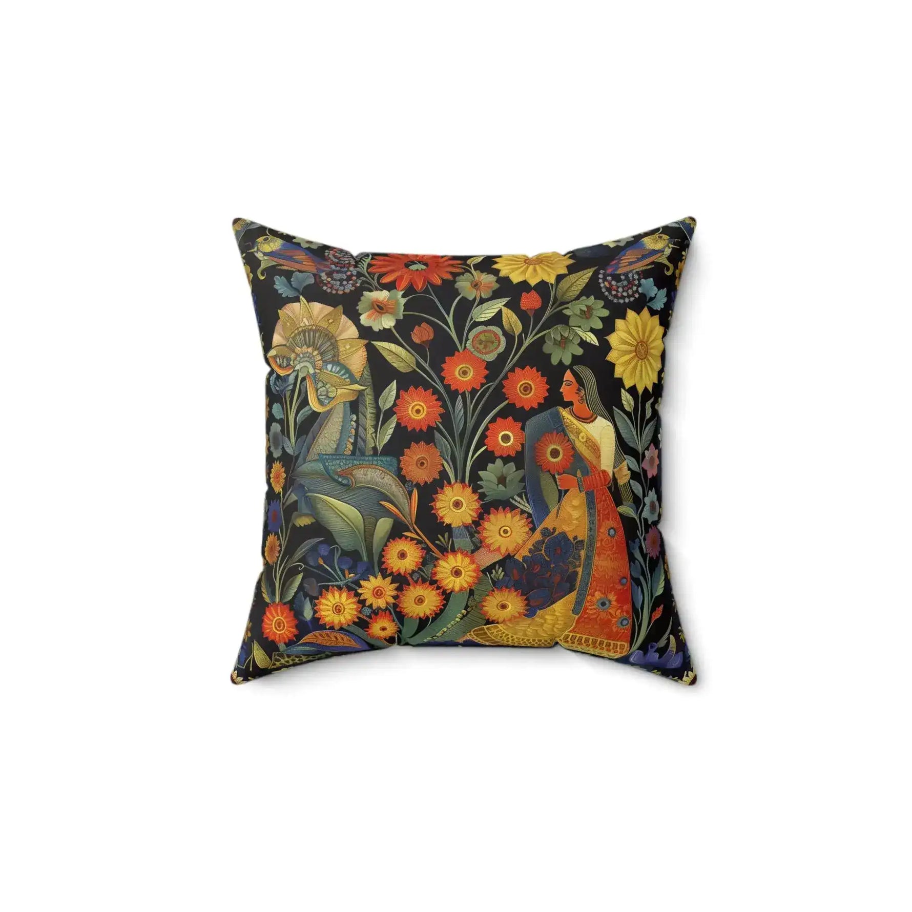 Floral Reverie Garden Goddess Throw Pillow with folk-art Indian woman in sari among red orange flowers and fantastical creature