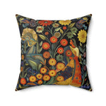 Floral Reverie Garden Goddess Throw Pillow angled left, dark folk-art garden with woman, creature and yellow flowers on black