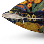 Floral Reverie Garden Goddess Throw Pillow zipper detail showing sunflower folk-art print and white zipper on dark fabric