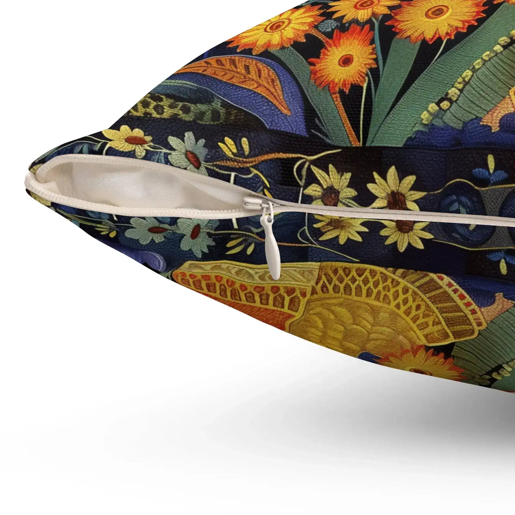 Floral Reverie Garden Goddess Throw Pillow zipper detail showing sunflower folk-art print and white zipper on dark fabric
