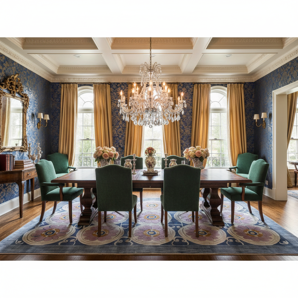 Dining room with a large table, chairs, a contemporary wool rug, and a chandelier.