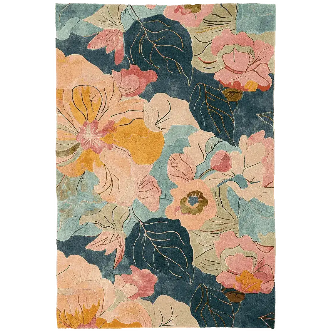 A stunning Floral Rhapsody Hand Tufted Area Rug, perfect for adding elegance to your living room. This wool rug features a vibrant floral pattern with pink, orange, and green hues, ideal for those seeking stylish living room area rugs.