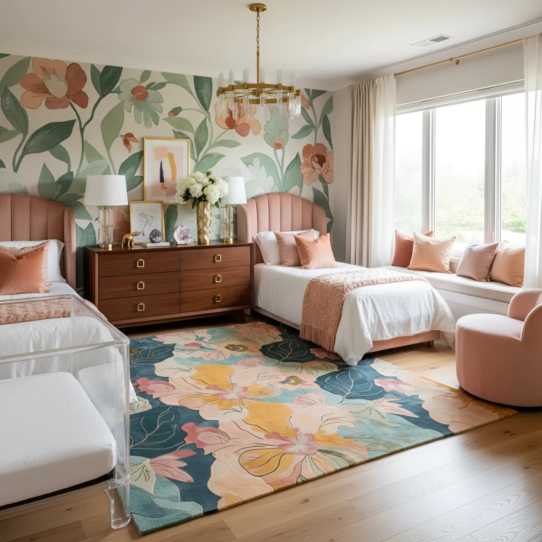 Decorative bedroom with floral wallpaper, rug, and furniture.