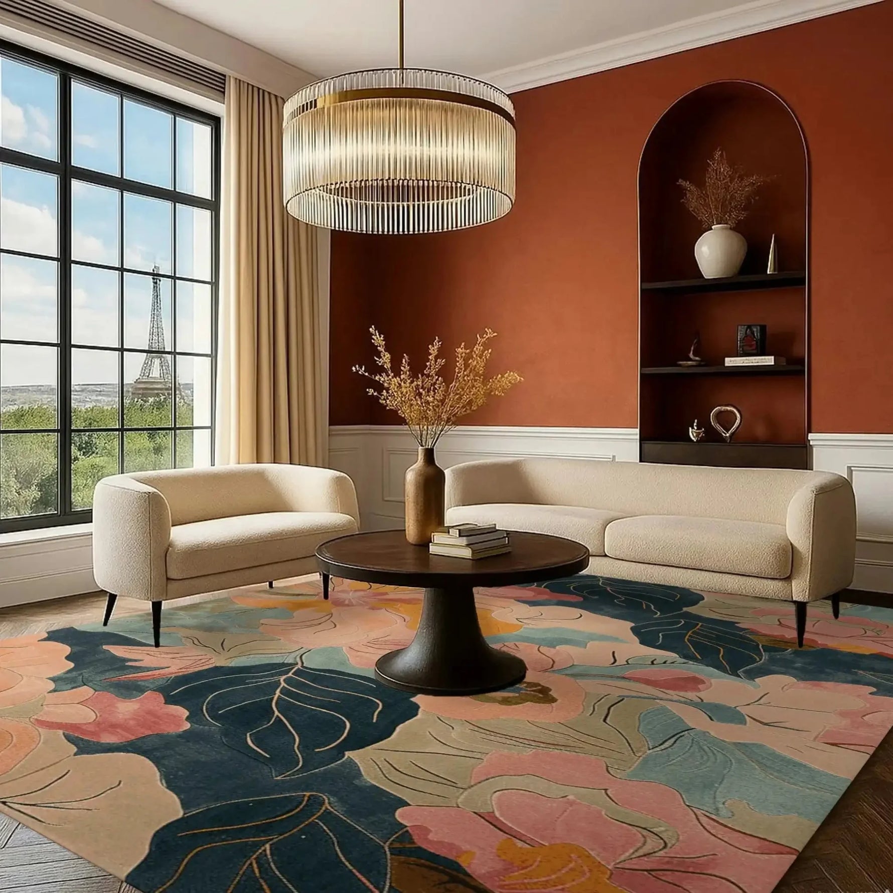 A beautifully styled living room features a Floral Rhapsody Hand Tufted Rug as the centerpiece. This stunning area rug, ideal for living room spaces, showcases an elegant floral design in shades of pink, blue, and beige. Made from high-quality wool, this floral rug adds a touch of sophistication and warmth to the room, perfectly complementing the modern furniture and decor.