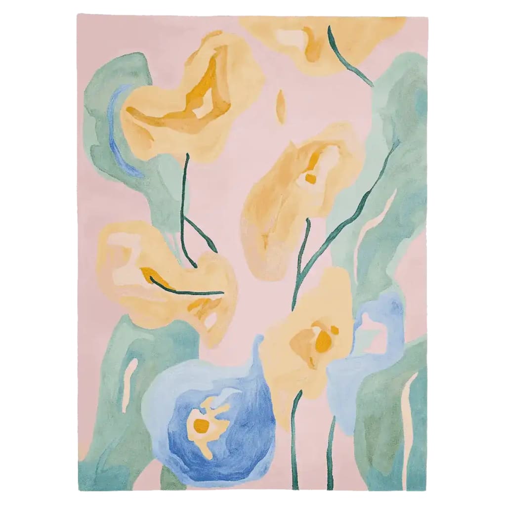 The Floral Rhythm Echo Hand Tufted Rug showcases an abstract floral design with soft pastel hues of yellow, green, and blue on a light background. This contemporary wool area rug is perfect for adding a touch of elegance to living room spaces, blending modern artistry with comfort.