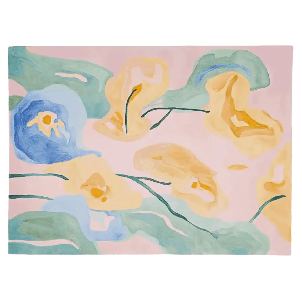 A beautiful, hand-tufted area rug featuring a contemporary floral design with abstract shapes in soft pastel colors. Perfect for adding a touch of elegance to living room area rugs, this wool rug combines artistic flair with cozy comfort.
