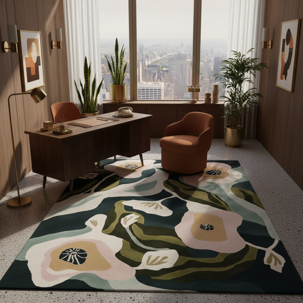 Modern office with a desk, chairs, and a decorative rug featuring floral patterns.