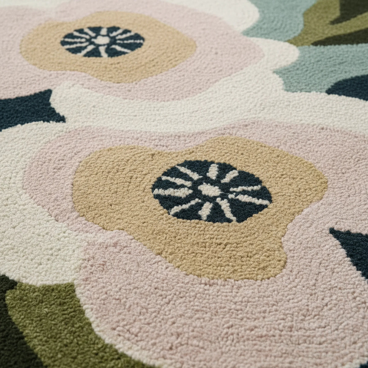 Close-up of a floral-patterned rug with geometric center design.